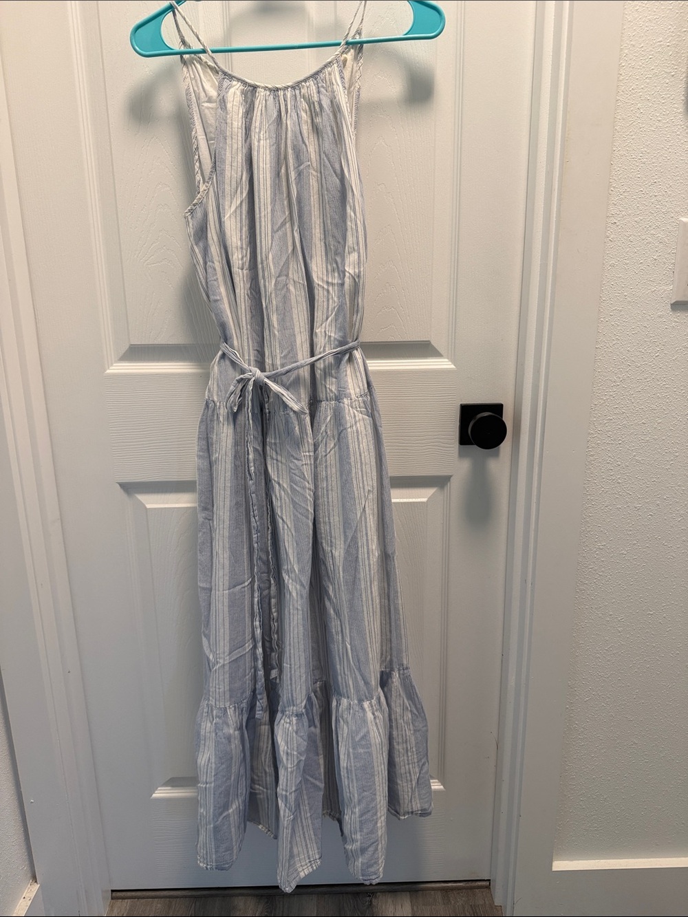 Light Blue Striped Maxi Dress with Tie Waist